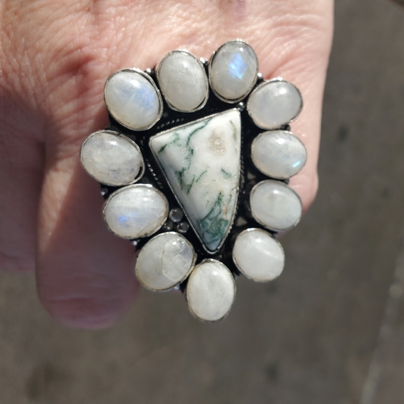 New Huge Tree Agate & Rainbow Moonstone 925 Silver Statement Ring. - Picture 5 of 13